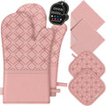 Oven Mitts and Pot Holders Set with Dishcloths, 500 Degree Heat Resistant Oven Gloves and Hot Pads, Premium Soft Cotton Kitchen Mittens and Dish Cloth Sets-Pink