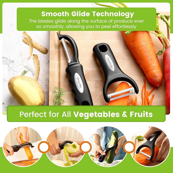 Spring Chef Swivel Potato Peeler & Julienne Vegetable Peeler w/Soft Handle | Premium Multifunctional Peelers for Kitchen with Sharp Stainless Steel Blades & Blade Covers, Dishwasher Safe Veggie Peelers