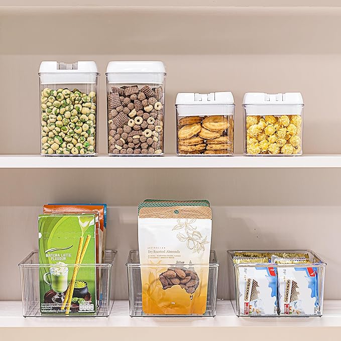 Vtopmart 6 Pack Food Storage Organizer Bins, Clear Plastic, 4 Compartments | For Pantry, Kitchen, Fridge and Cabinet Organization, Organize Food Packets, Snacks, Pouches and Spice Packets