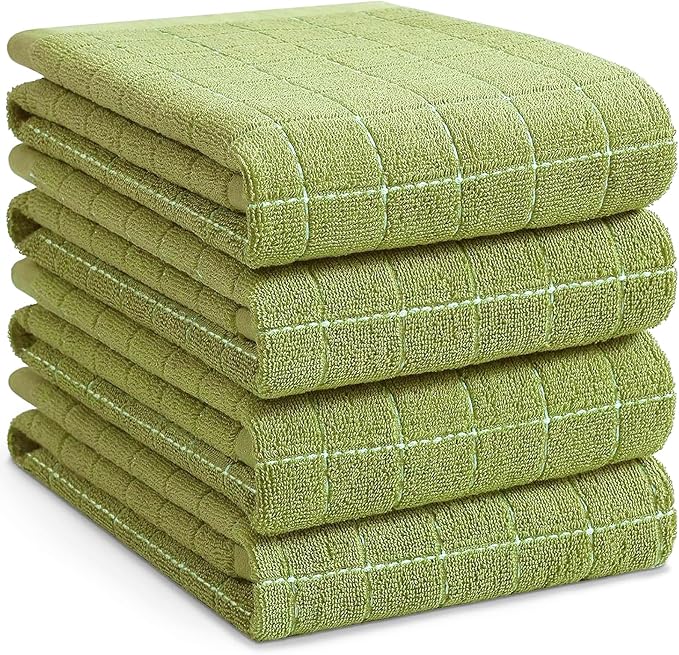 Homaxy 100% Cotton Terry Kitchen Towels, Large 4 Pack, Olive Green | Ultra Soft and Absorbent Dish Towels for Kitchen, Suitable for Drying and Washing Dishes