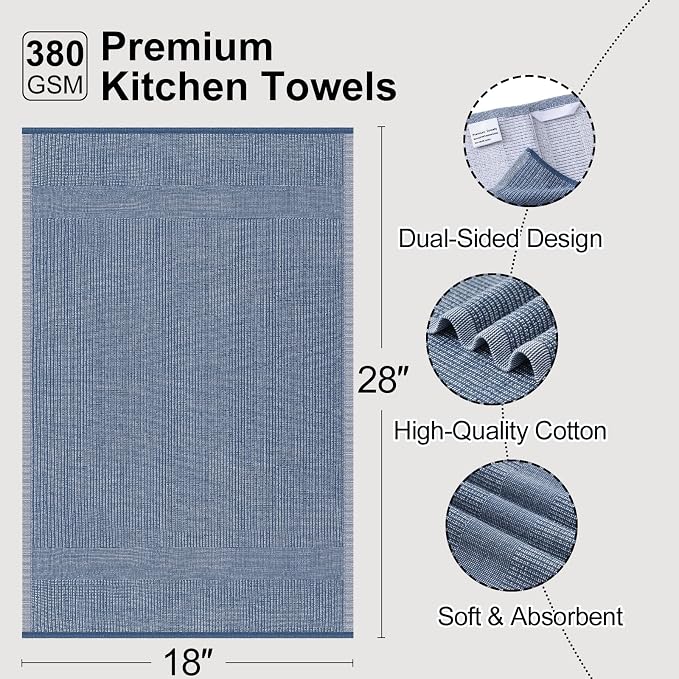 Mordimy Premium Large Cotton Kitchen Towels (18"x 28", 8 Pack), Navy Blue | 100% Ring Spun Cotton, Super Absorbent, 380 GSM, Flat & Terry, Soft, Hanging Loop Dish Towels