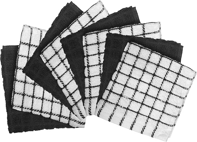 Bumble Dish Cloths (8-Pack), 100% Cotton Kitchen Towels, 12"x12" - Black | 405 GSM | Soft, Highly Absorbent & Durable Dish Towels for Kitchen