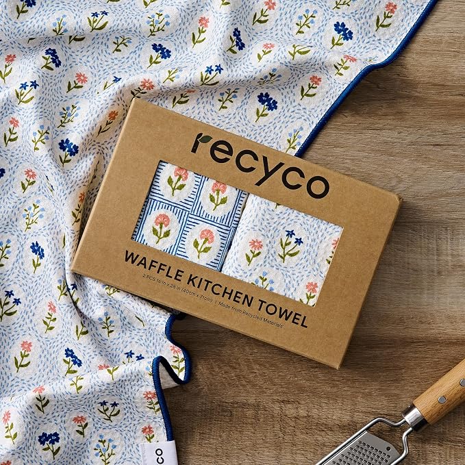 RECYCO Waffle Kitchen Towel Set of 2 - Quick Dry Microfiber Sustainable Dish Towels - Ultra Absorbent Reusable Cleaning Tea Towels - Lightweight Hand Towels,16”x 28”, Bloom Tiles