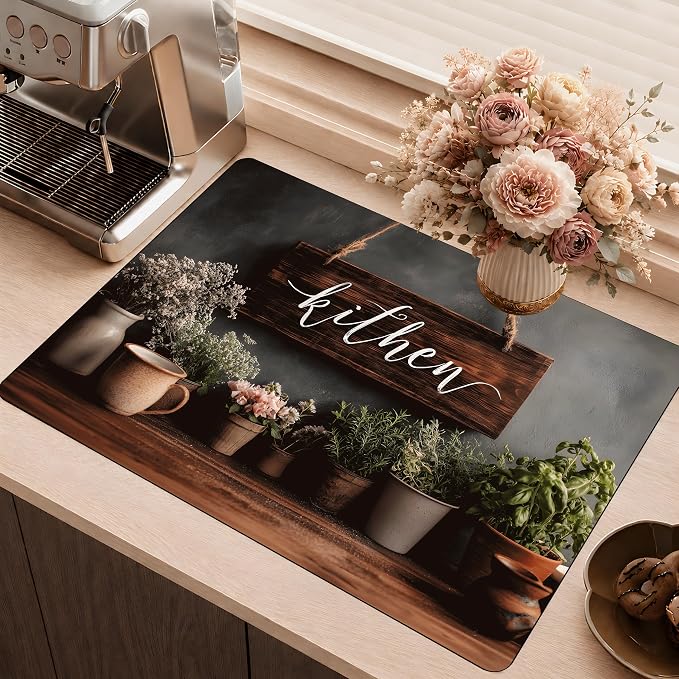 Rustic Farmhouse Kitchen Stove Top Cover 28.3 x 20.5 Inch, Herb Plant Glass Cooktop Protector Mat, Vintage Kitchen Sign Electric Range Cover for Counter Decor (Retro Brown)