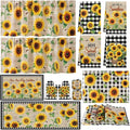 Fourluoo 16 Pcs Sunflower Kitchen Decor Set, Kitchen Towels, Sunflower Dishcloths, Black White Plaid Non Slip Rugs Mats, Oven Mitts, Pot Holders Placemats and Curtains Set for Home Summer Decoration
