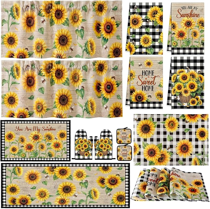 Fourluoo 16 Pcs Sunflower Kitchen Decor Set, Kitchen Towels, Sunflower Dishcloths, Black White Plaid Non Slip Rugs Mats, Oven Mitts, Pot Holders Placemats and Curtains Set for Home Summer Decoration