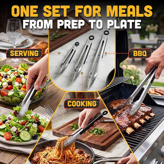 Stainless Steel Kitchen Tongs Set of 3, 7/9/12 Inch, Heavy Duty | Cooking Tongs for BBQ, Grilling, Air Fryer, Serving & Salad; Silicone Grips, Locking Ring, Hanging Loop; Metal Utensil Set