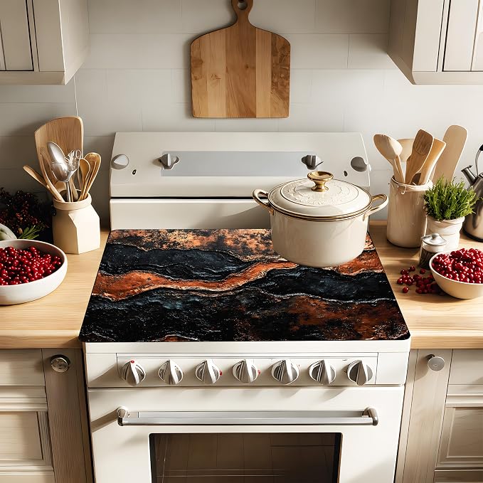 Black Gold Marble Stove Cover 28.3 x 20.5 Inches, Abstract Stove Top Protector, Heat Resistant Non Slip Glass Electric Stove Cover Board, Modern Luxury Kitchen Decor Mat (Black Brown)