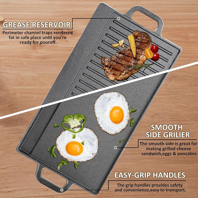 Vivicreate Cast Iron Griddle Skillet for Stove Top and Gas Grill – Flat Top Grill and Reversible Grill Griddle for Indoor or Camping Cooking – Comal Plancha para Tortillas