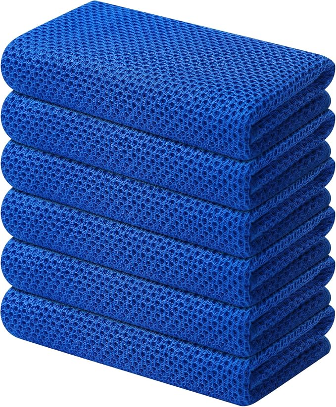 Kitinjoy 100% Cotton Waffle 6-Pack Kitchen Towels, 13" x 28", Blueberry | Super Soft, Ultra-Absorbent, Fast Drying, lightweight, Quick Drying Kitchen Hand Towels
