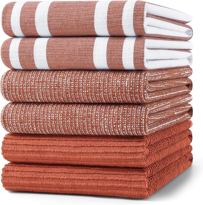 Homaxy Cotton 380 GSM Premium Kitchen Towels, 18"x 28", 6 Pack, Rust | Soft and Absorbent Terry Dish Towels, Multipurpose Tea Towel Set with Hanging Loop, 3 Styles Kitchen Hand Towels