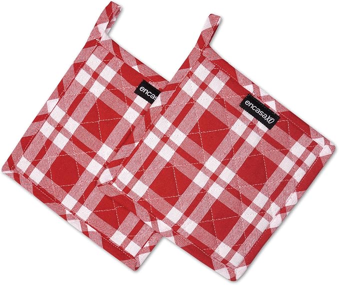 Encasa XO Pot Holders, Quilted Kitchen Hot Pads 8"x8" | Franca Red Checks, 100% Cotton Fabric | Thick Cotton Padding | Heat Resistant | Durable & Washable | Hanging Loop | Set of 2