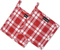 Encasa XO Pot Holders, Quilted Kitchen Hot Pads 8"x8" | Franca Red Checks, 100% Cotton Fabric | Thick Cotton Padding | Heat Resistant | Durable & Washable | Hanging Loop | Set of 2