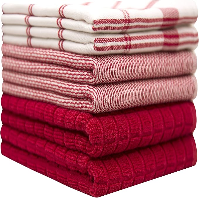 Premium Kitchen Towels 6 Pack 100% Cotton, 20"x28" Dish Towels - Red Check | Large Flat & Terry Kitchen Linen Set with Hanging Loops, Highly Absorbent for Washing and Drying Dishes