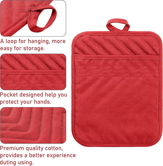 5Pack Pocket Pot Holders Cotton Heat Resistant Potholder Multipurpose Hot Pads Machine Washable Oven Mitts Potholders Bulk for Daily Kitchen Baking and Cooking 7 x 9 Inch Red