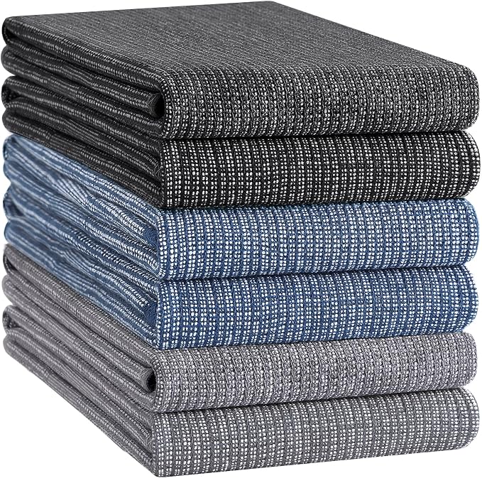Homaxy 380 GSM Cotton Premium Kitchen Towels 6 Pack, 18"x 28", Mix | Flat and Terry Dish Towels, Highly Absorbent Tea Towel Set with Hanging Loop, Soft Kitchen Hand Towels, Navy/Grey/Black