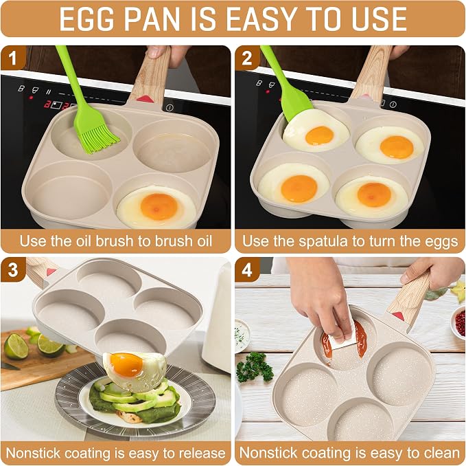 MyLifeUNIT Egg Pan, 4-Cup Egg Frying Pan with Lid, Nonstick Aluminium Alloy Egg Cooker for Breakfast, Pancake, Burger, Sandwiches, Suitable for Gas Stove & Induction Cookware (White)