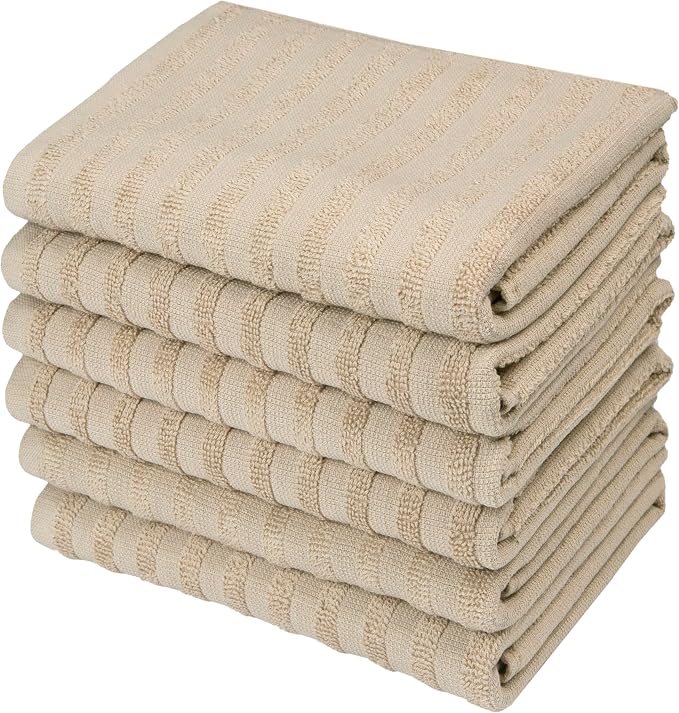 Premium Kitchen Towels 6 Pack 100% Cotton, 20"x28" - Tan Solid | Large 450 GSM Terry Dish Towel, Kitchen Hand Towels with Hanging Loop, Highly Absorbent for Washing and Drying Dishes