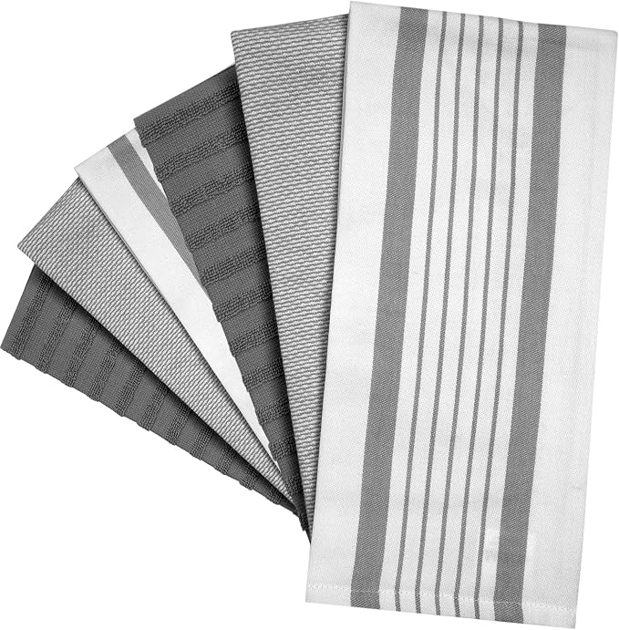 Premium Kitchen Towels 6 Pack 100% Cotton 20"x28" Dish Towels Grey Striped | Large Flat & Terry Kitchen Linen Set with Hanging Loops, Highly Absorbent for Washing and Drying Dishes