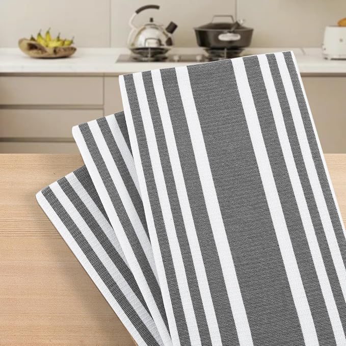 Homaxy Premium Cotton Stripe Kitchen Towels 12 Pack, 18"x 28", Black | Large 380 GSM Kitchen Hand Towels, Soft Terry Dish Towels, Highly Absorbent Tea Towel Set with Hanging Loop