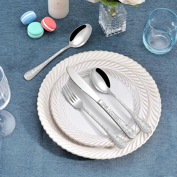 Runfly Vintage Carved Silver Stainless Steel 20-Piece Flatware Set | Silverware Set, Modern Embossed Cutlery Set Utensils Kitchen Including Fork Spoon and Knife