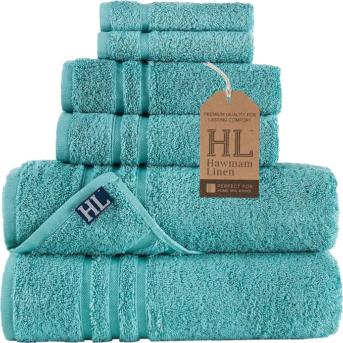 Hawmam Linen Teal Turquoise 6 Piece Bath Towels Set for Bathroom Original Turkish Cotton Soft, Absorbent and Premium 2 Bath Towels, 2 Hand Towels, 2 Washcloths