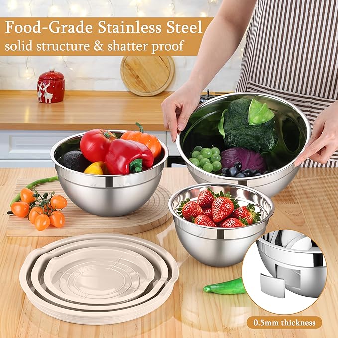 LIANYU Mixing Bowls with Lids Set, 3 Packs Stainless Steel Metal Bowls | Ideal for Prepping, Cooking, Storage, Serving, Freezer & Dishwasher Safe, 1.5QT & 3QT & 4.6QT, Khaki