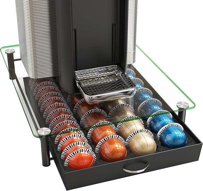 Deco Brothers Tempered Glass Vertuo Pod Holder, Fits 28 Large/56 Small Pods | Compatible with Nespresso Capsule, Black