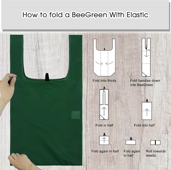 BeeGreen Christmas Green Reusable Grocery Bags with Zipper Storage Pouch 10 Packs Dark Green Reusable Shopping Bags Bulk Foldable-Machine Washable