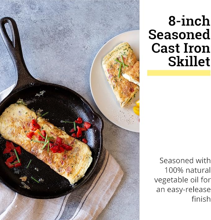 Lodge 8" Cast Iron Skillet - Chef Collection - Perfect Sear - Ergonomic Handles - Superior Heat Retention - Cast Iron Cookware & Skillet