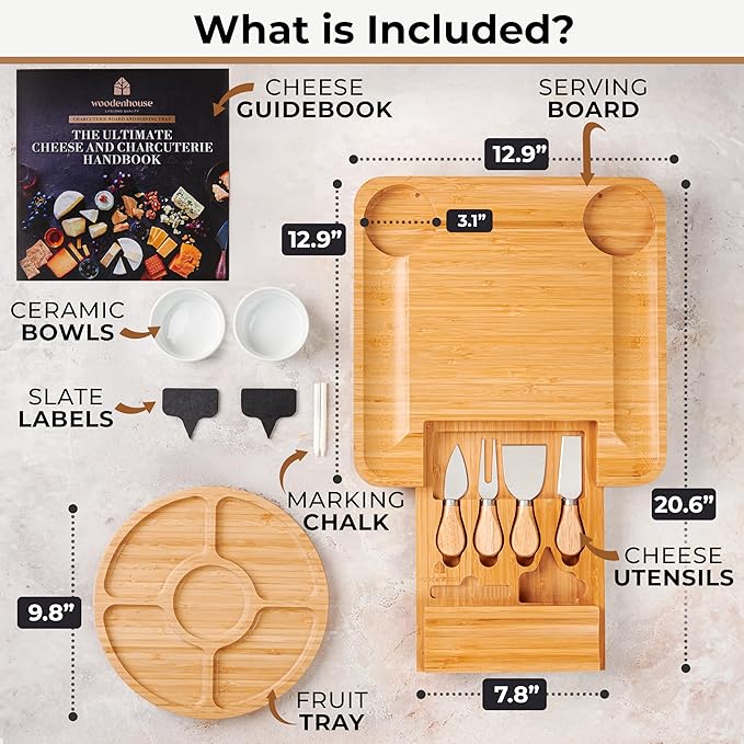 Bamboo Charcuterie Boards Gift Set - Meat and Cheese Tray with Utensils | Fruit Server & 2 Sauce Bowls Included – House Warming, Wedding & New Home Present