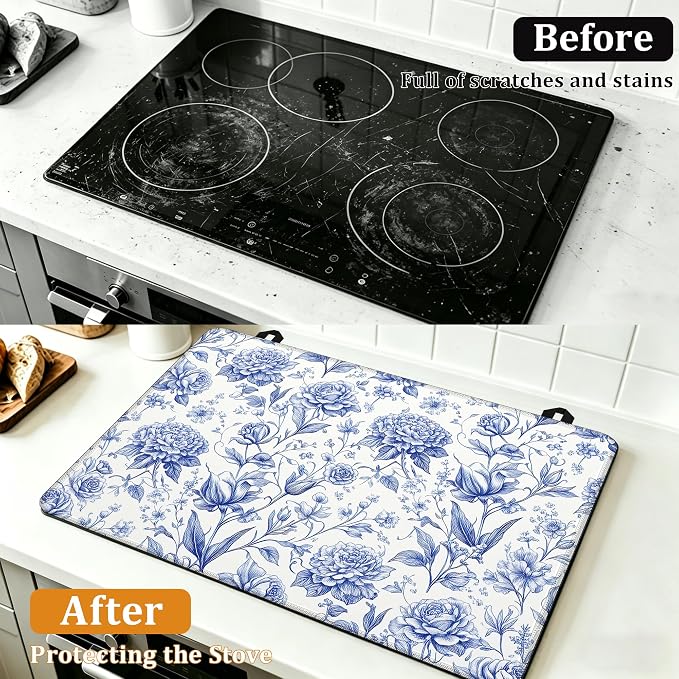 Blue Floral Glass Top Stove Cover Protector,Retro Spring Flowers Heat Resistant Stove Top Cover, Large Size Range Covers for Electric Stove Countertop Mat, 28 x 20 Inch