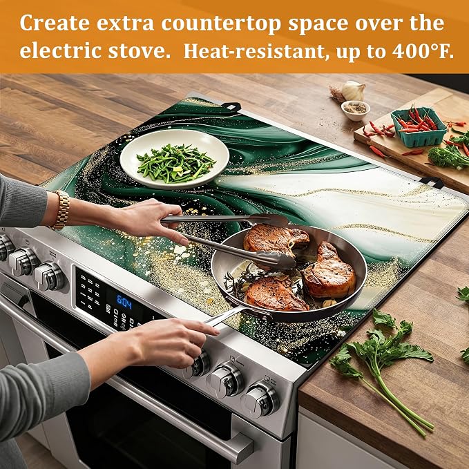 Electric Stove Top Cover,Green Gold Marble Stove Cover for Glass Top Electric Stove,Modern Heat Resistant Flat Top Stove Mat Countertop Protector, 28 x 20 Inch