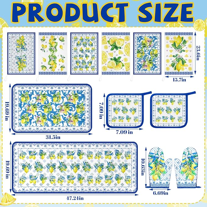 Fourluoo 10 Pcs Lemon Kitchen Decor Set Lemon Kitchen Towels Rugs Oven Mitts and Pot Holders Kit for Summer Baking Cooking Chef