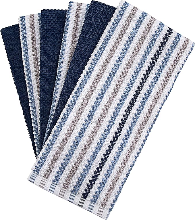 Premium Kitchen Towels (16”x 26”, 12 Pack) | Large Cotton Kitchen Hand Towels | Popcorn Striped Design | Dish Towels | 430 GSM Highly Absorbent Tea Towels Set with Hanging Loop | Blue