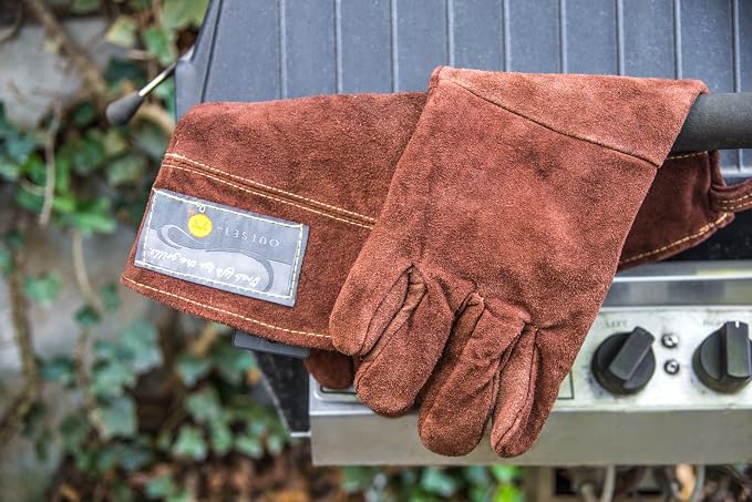 Outset Leather Grill Gloves, Set of 2 Brown Leather BBQ Gloves | Leather Keeps Your Hands Safe From The Heat | Great For The Grill, Griddle, Campfire & Oven | 1 Size Fits All BBQ Gloves