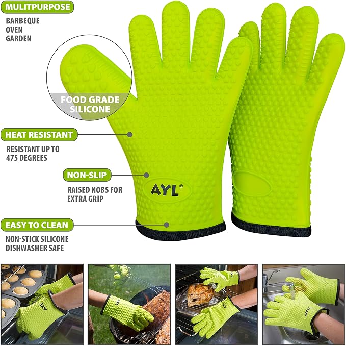 AYL Silicone Smoker Oven Gloves - Extreme Heat Resistant BBQ Gloves - Handle Hot Food on Your Grill, Pit & Turkey Fryer | Waterproof Meat Handling Mitts with Cotton Layer | Ultimate Set + Bonuses