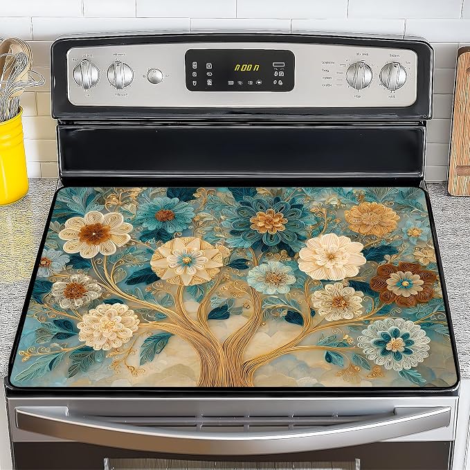 NYZE Stove Top Cover for Electric Stove 28x20 Inch Silicone Stove Topper & Protector, Decorative Kitchen Mat for Electric/Glass Stove Top (Cream & Gold Floral Tree)