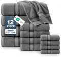 LANE LINEN Bath Towel Set 100% Cotton 12 Piece Soft Absorbent - Grey | Shower Towels - Generously Sized, Oversized & Roomy, Lightweight & Breathable, Fade-Resistant Color, Classic Terry Weave