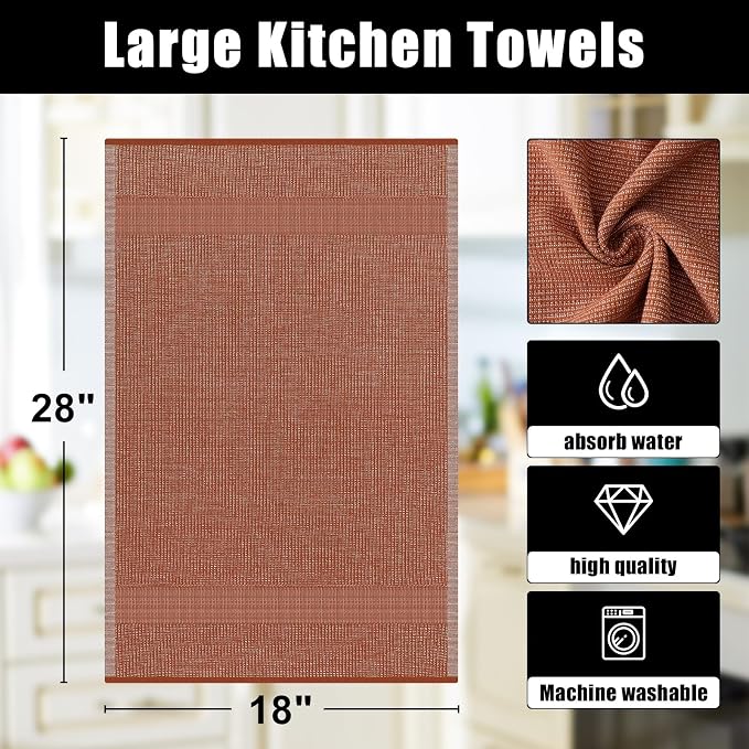 Homaxy 380 GSM Cotton Premium Kitchen Towels 3 Pack, 18"x 28", Rust | Flat and Terry Dish Towels, Highly Absorbent Tea Towel Set with Hanging Loop, Soft Utility Kitchen Hand Towels