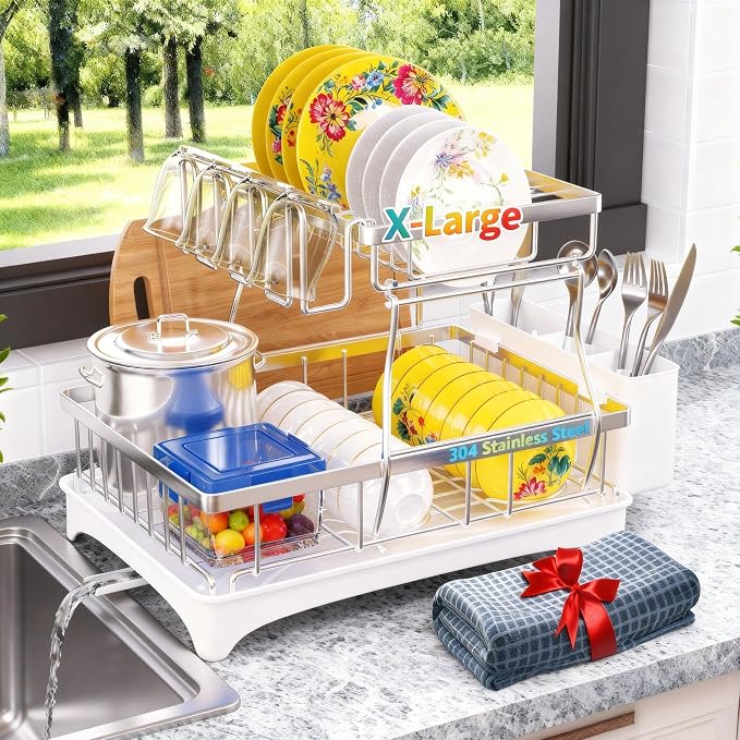 2-Tier Dish Drying Rack - 304 Stainless Steel Dish Rack Auto Drain | Dish Racks for Kitchen Counter, Dish Drainer with Knife Fork & Cup Rack, Gifts for Women, Mothers Day, Kitchen Gadget, Silver