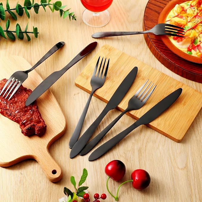 Nuenen 100 Pieces Stainless Steel forks and knives Dinner Flatware Set Tableware Cutlery for Butter Kitchen Restaurant, Dishwasher Safe(Black,8.4 Inches, 7.1 Inches)