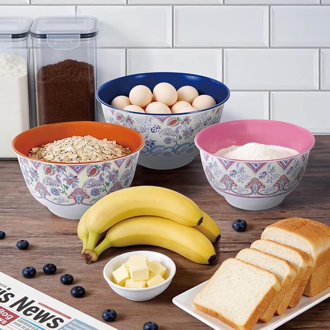 TP Melamine Mixing Bowl Set with Lids, Salad Bowl Set of 3, Ottoman Floral | Nesting Design,Break-resistant,Pasta & Salad Prep, Baking Prep, Space-saving Storage, Freezer Safe, Dishwasher Safe