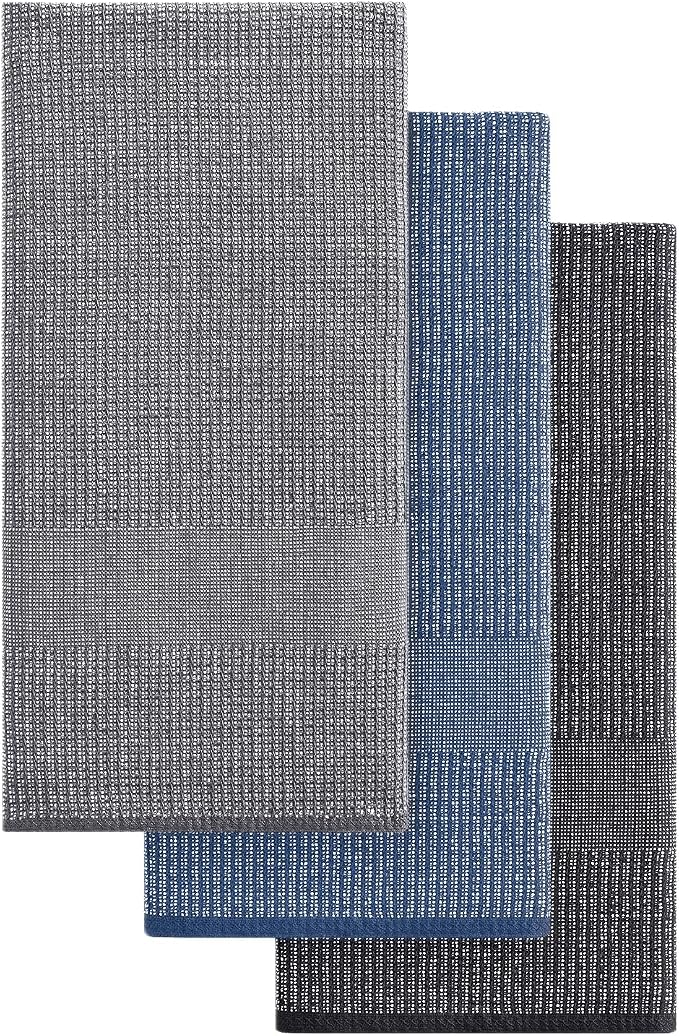 Mordimy Cotton Kitchen Towels (18"x 28", 3 Pack), Navy Blue/Grey/Black | 100% Ring Spun Cotton, Super Absorbent, 380 GSM, Flat & Terry, Soft, Hanging Loop Dish Towels