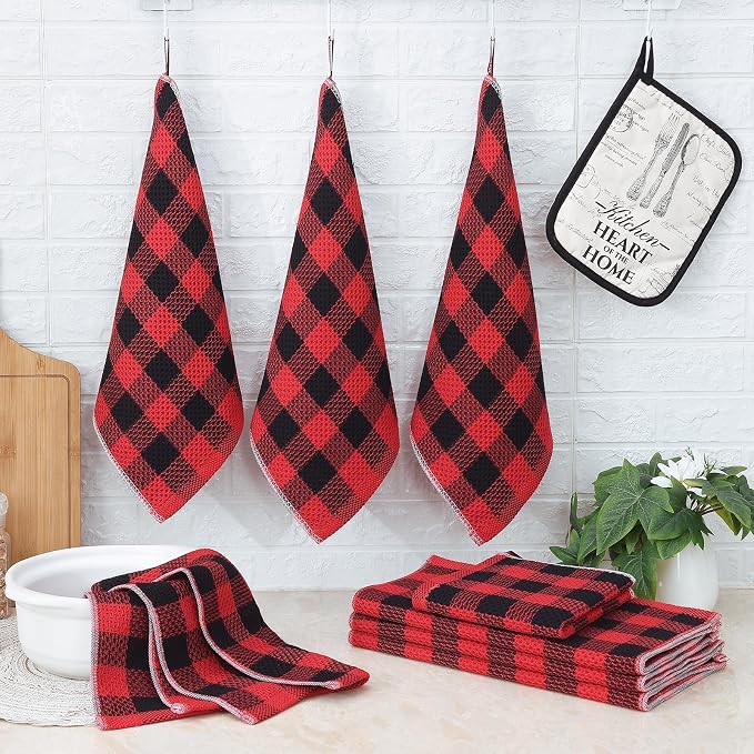Homaxy Kitchen Towels and Dishcloths Set, Set of 8, Red & Black | Bulk Cotton Waffle Weave Check Plaid Kitchen Towels, Super Soft and Absorbent Dish Cloths, 12 x 12 and 13 x 28 Inches