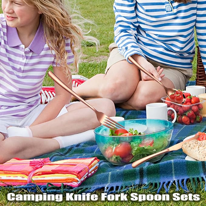 MURRI&MURRDI Travel Stainless Steel Cutlery Set for 1, Reusable Flatware Set with Case, Camping Silverware Set for Work, Knife Fork Spoon Utensil Set 3 Piece (Rose Gold)