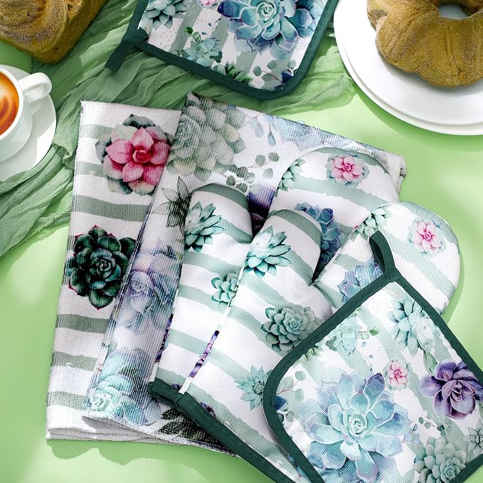 Bencailor 6 Pcs Succulent Kitchen Towels Pot Holders and Oven Mitts Set Soft Cotton Linen Dish Towel Heat Resistant Oven Mitts for Summer Kitchen Decor Cooking Baking Grilling