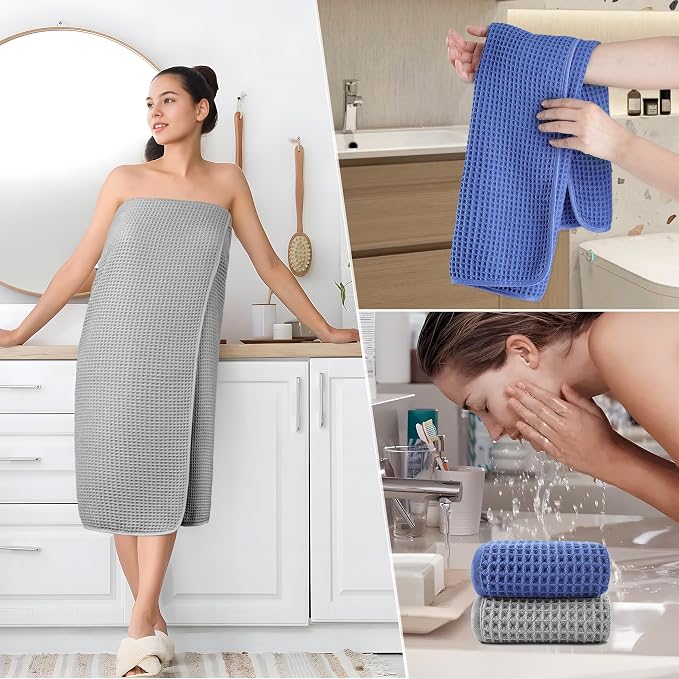 POLYTE 430 GSM Poly Blend Microfiber Quick Dry Waffle Bath Towel Set of 6 | 2-Body Towels, 2-Hand Towels, 2-Wash cloths, Oversize, Lint Free
