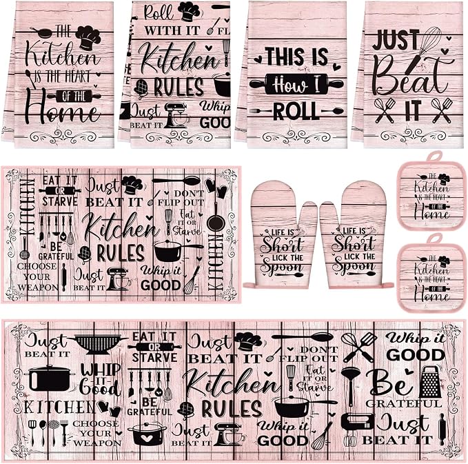 Fourluoo 10 Pcs Pink Kitchen Decor Set Pink Woodgrain Dish Towels Kitchen Rugs Oven Mitts and Pot Holders Farmhouse Decor for Cooking Baking Grilling Women Mom Gift