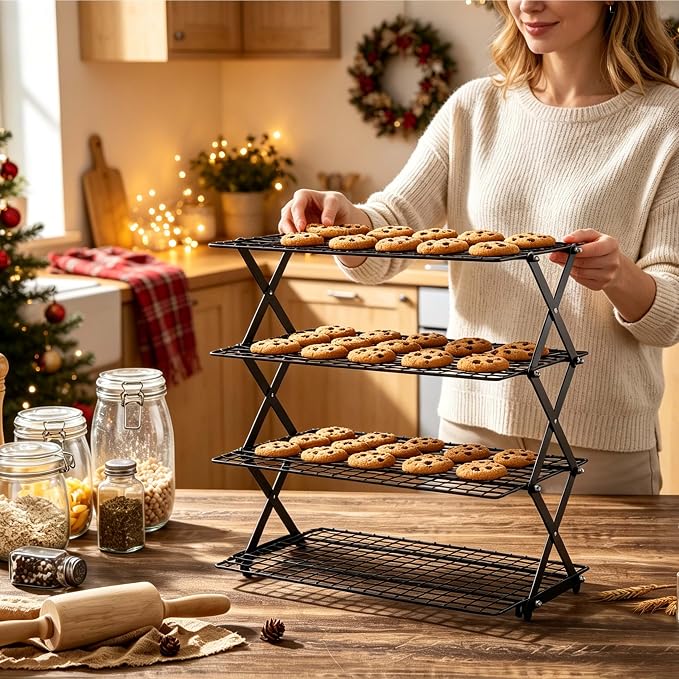 LIANYU 4-Tier Cooling Rack for Baking & Cooking, Collapsible & Space-Saving | Baking Wire Rack for Cooking, Nonstick 4 Adjustable Tiers, 3 Setting Design, Heavy Duty & Non-Toxic, Ideal for Cakes, Cookies